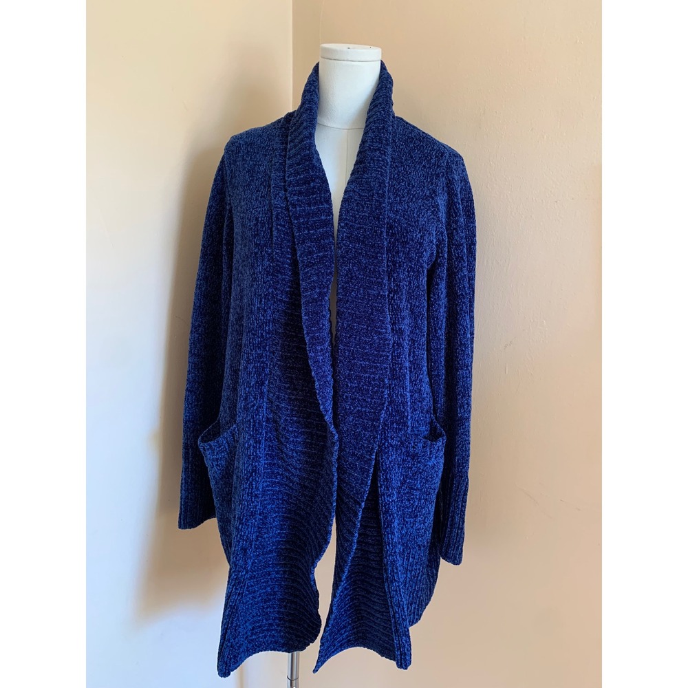 Orvis Chenille Open Front Cardigan Sweater Blue Knit Large Pocketed Draped L